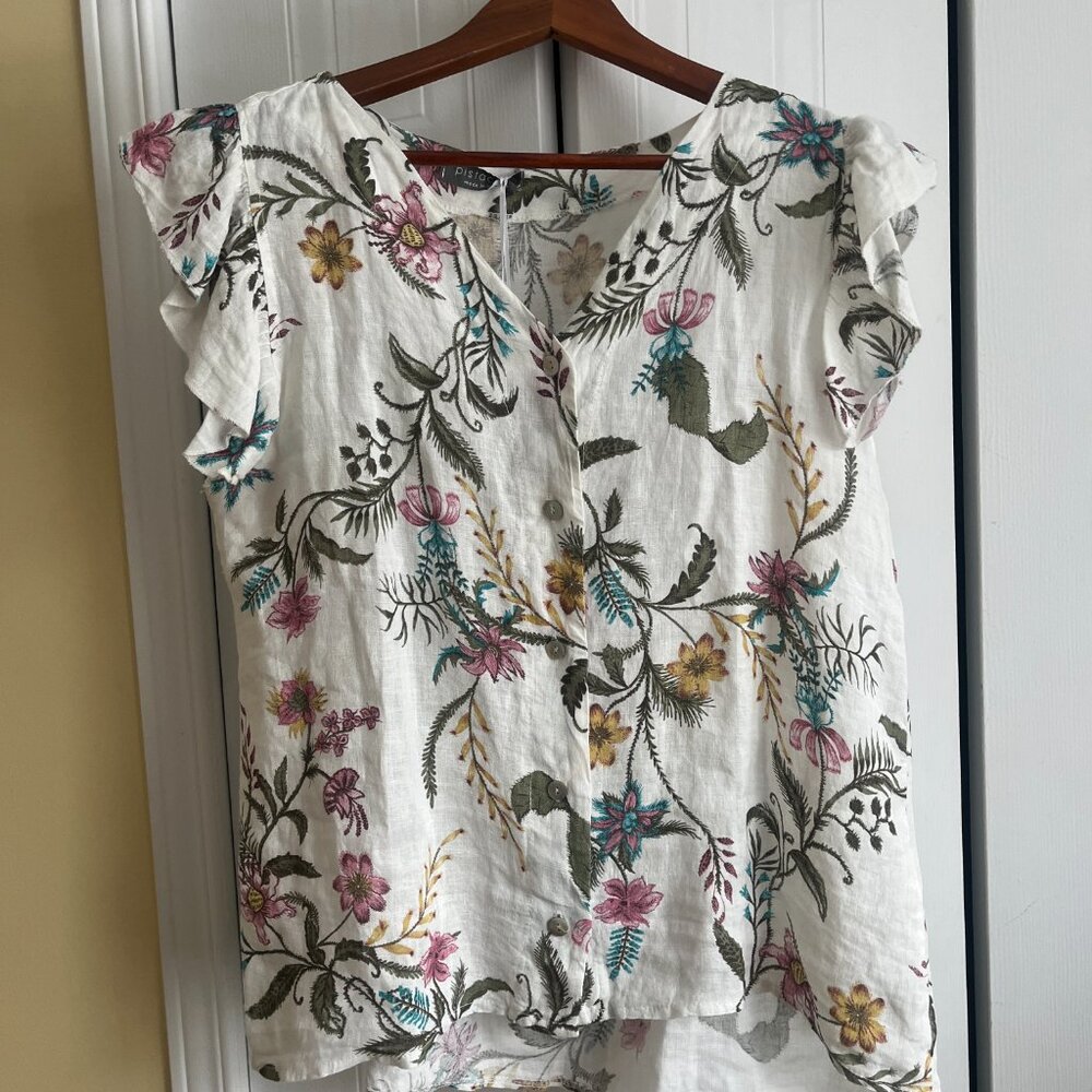 NWT Pistache 100% Linen Floral Blouse - Made in Italy - Medium